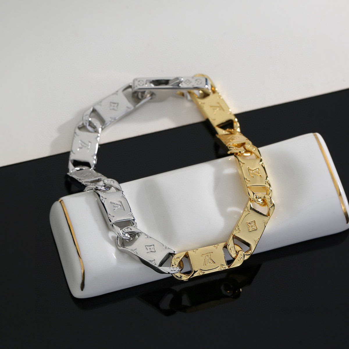 Letter Emblem Bracelet in Polished Metal-Tone – Design 039 styled product view