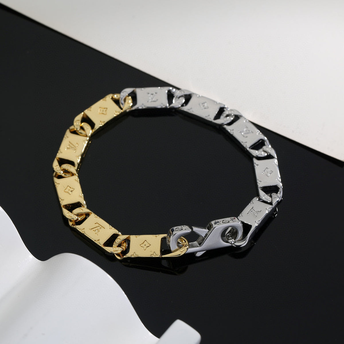 Letter Emblem Bracelet in Polished Metal-Tone – Design 039 front product view