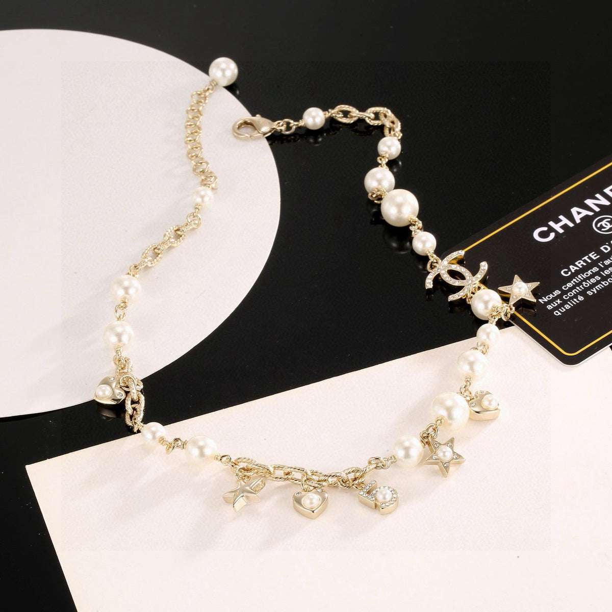 Double-C Emblem Pendant Necklace in Polished Metal-Tone – Star Detail – Design 004 main product view