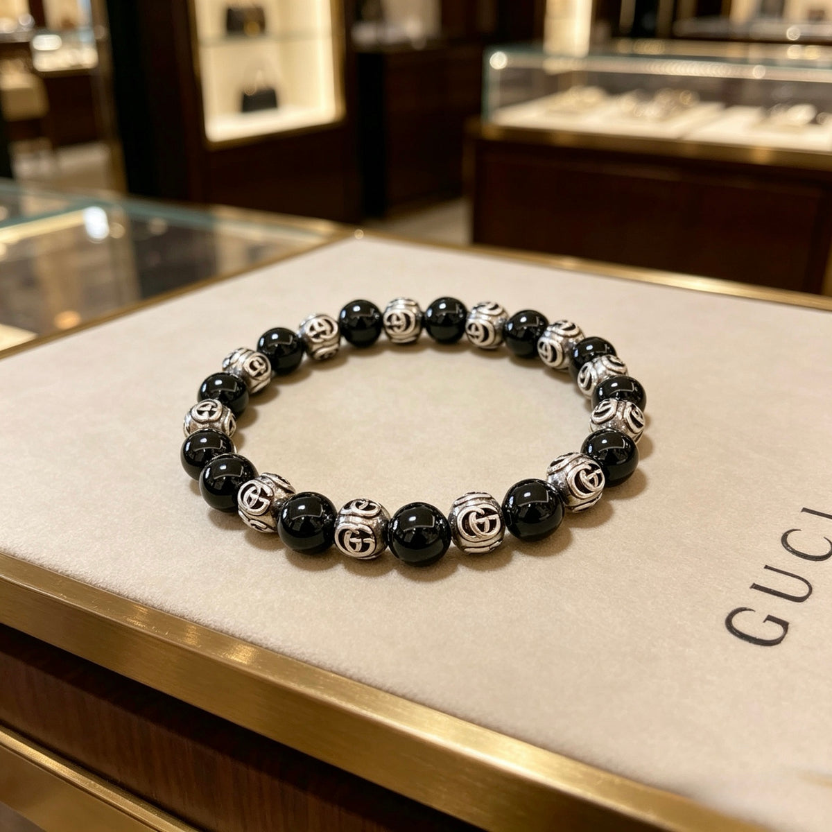 Double-G Emblem Beaded Bracelet in Polished Metal-Tone – Agate Detail – Design 015 front product view