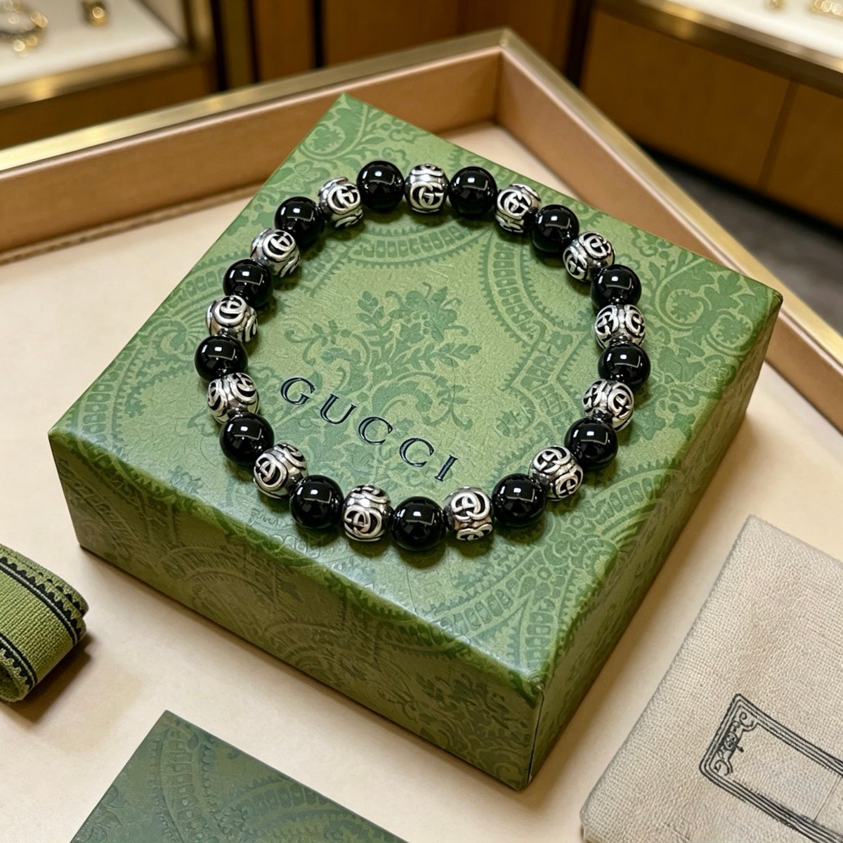 Double-G Emblem Beaded Bracelet in Polished Metal-Tone – Agate Detail – Design 025 main product view