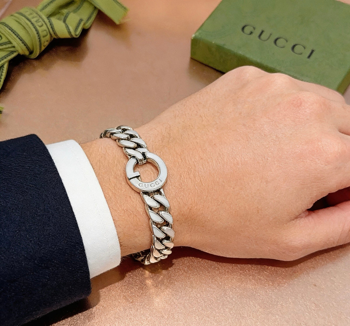 Geometric Emblem Bracelet in Polished Metal-Tone – Design 104 side detail