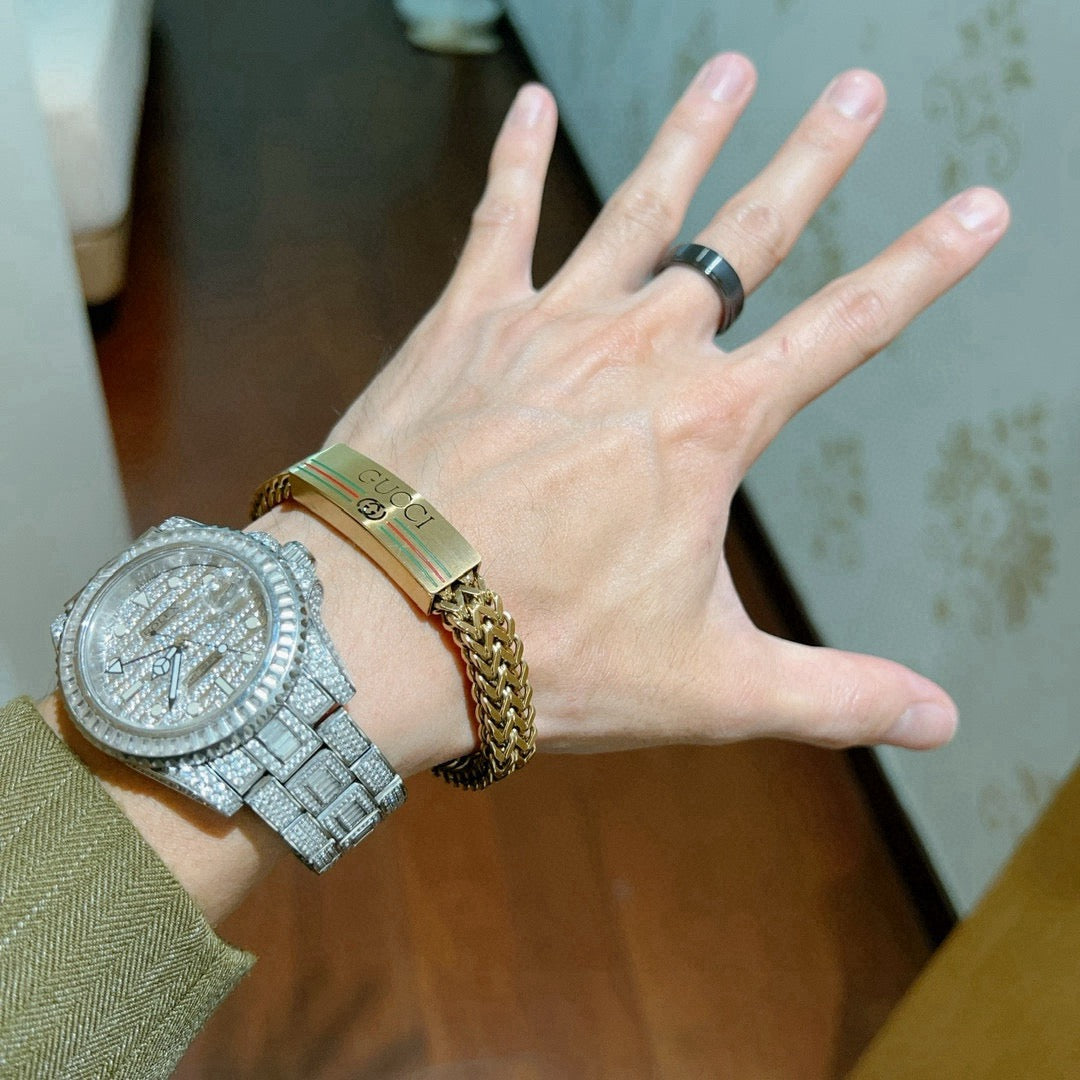 Geometric Emblem Bracelet in Polished Metal-Tone – Design 069 detail view