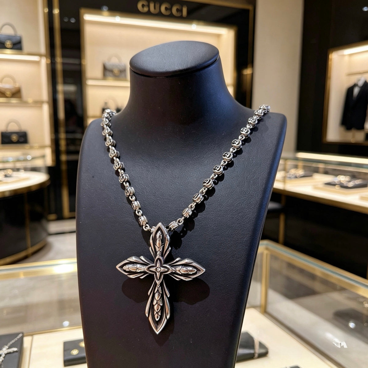 Double-G Emblem Pendant Necklace in Silver-Tone – Vintage Detail – Design 041 front product view