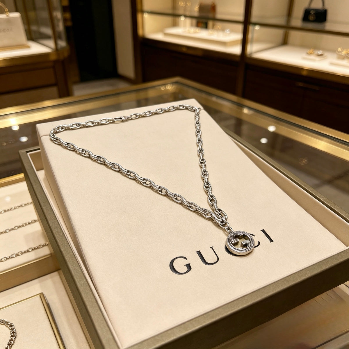 Double-G Emblem Pendant Necklace in Silver-Tone – Vintage Detail – Design 037 front product view