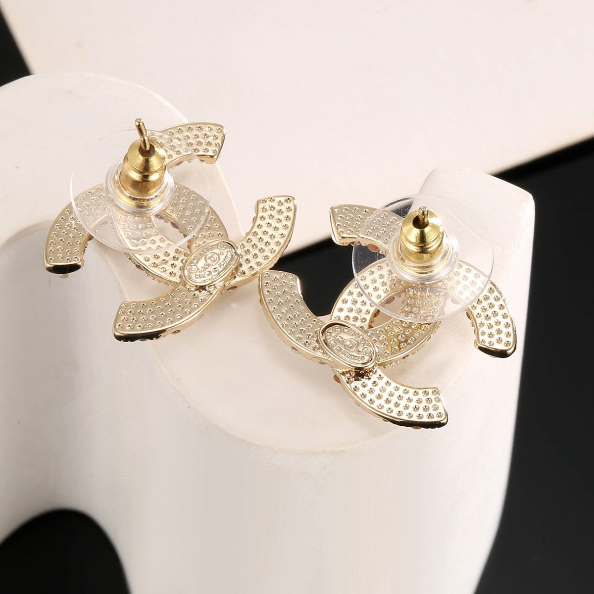 Signature Emblem Stud Earrings in Gold-Tone – Design 068 side detail
