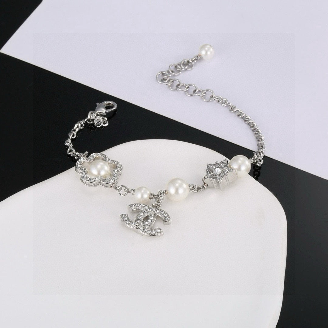 Camellia Bracelet in Polished Metal-Tone – Pearl Detail – Design 004 side detail