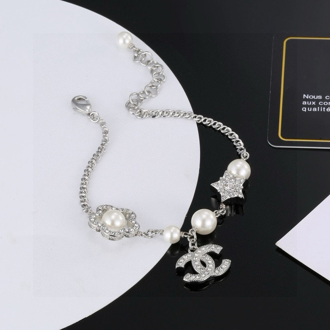 Camellia Bracelet in Polished Metal-Tone – Pearl Detail – Design 004 front product view