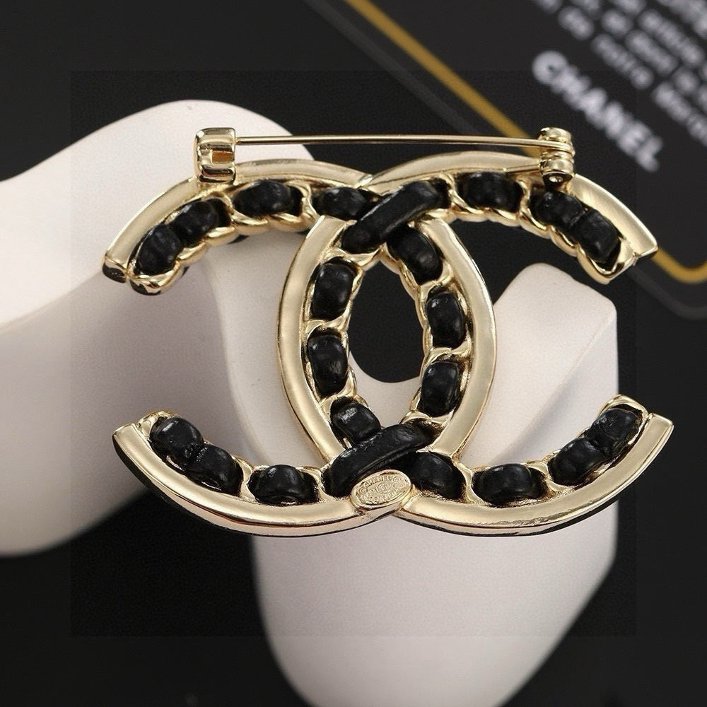 Double-C Emblem Brooch in Polished Metal-Tone – Black Detail – Design 002 styled product view