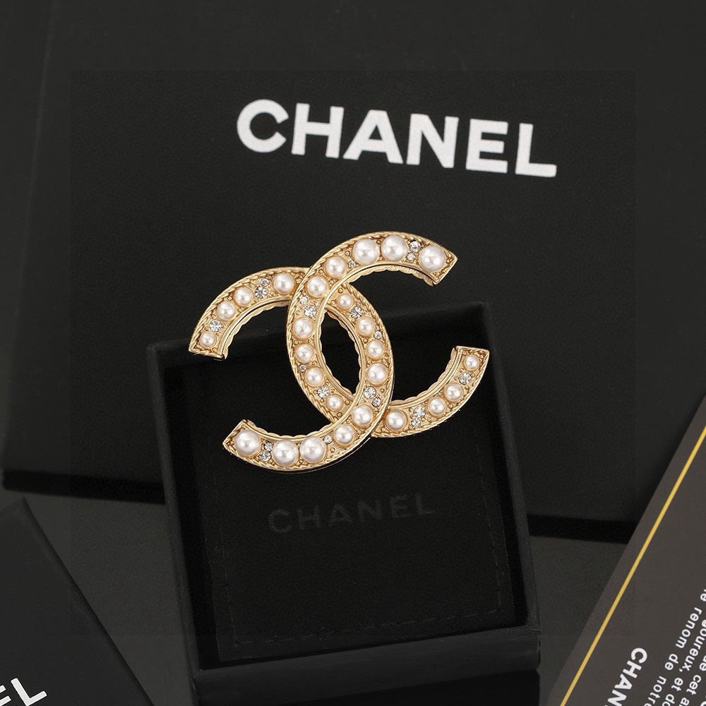 Double-C Emblem Brooch in Gold-Tone – Pearl Detail – Design 004 styled product view