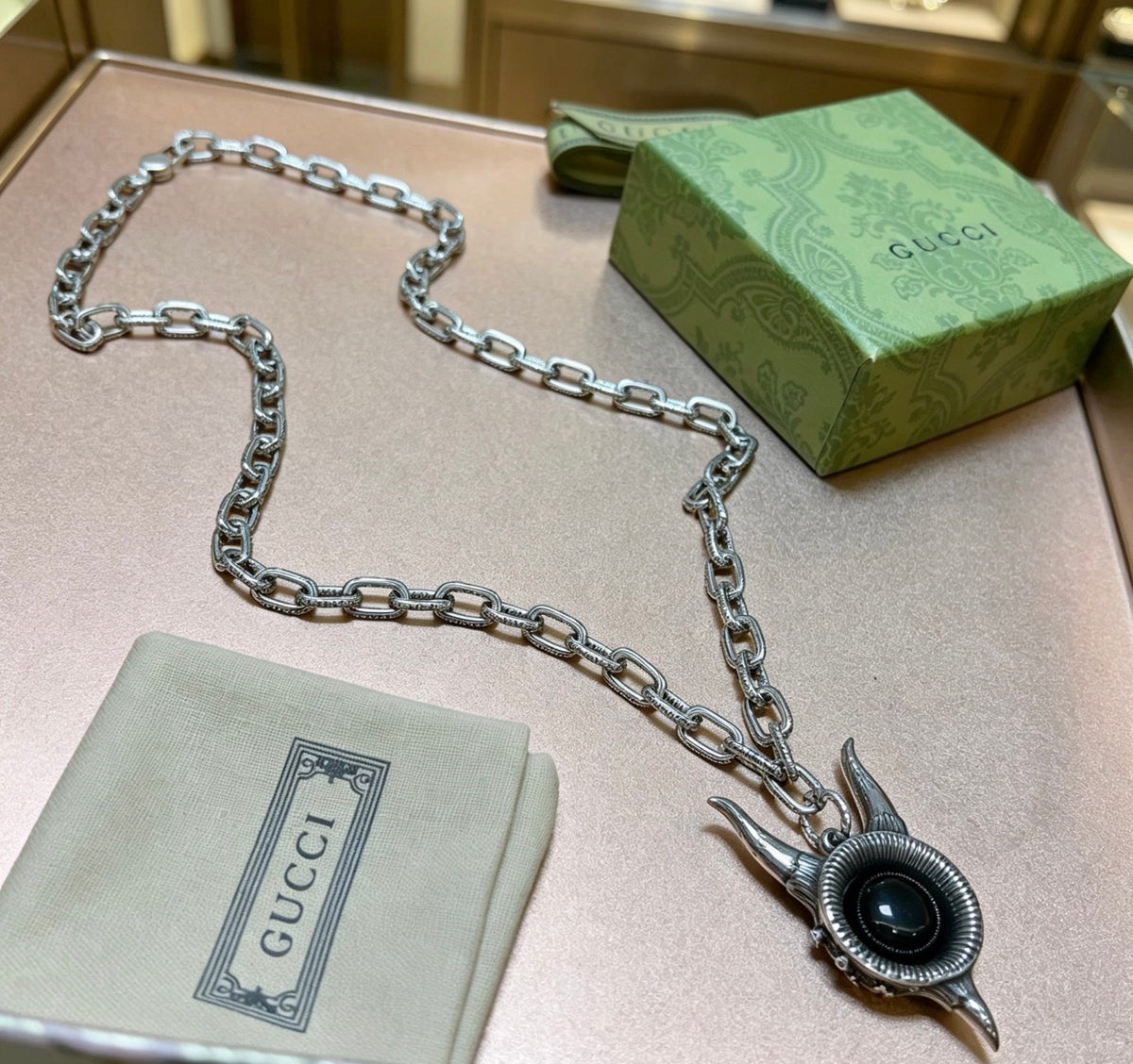 Double-G Emblem Pendant Necklace in Silver-Tone – Vintage Detail – Design 046 main product view