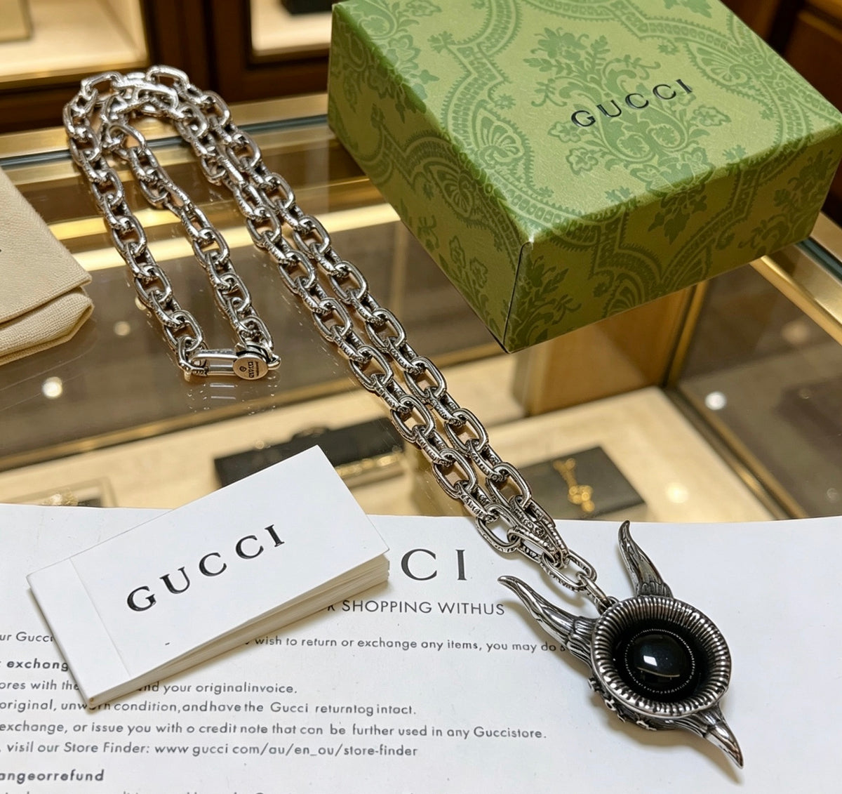 Double-G Emblem Pendant Necklace in Silver-Tone – Vintage Detail – Design 060 front product view