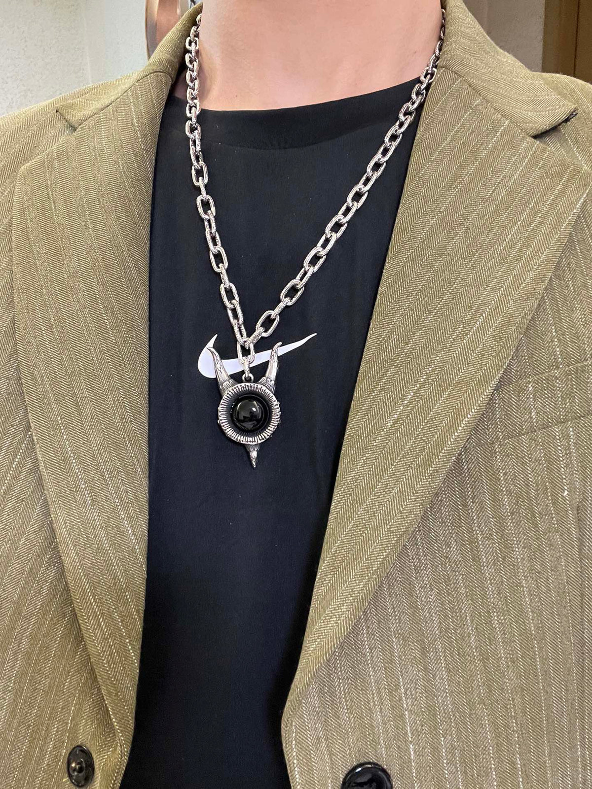 Double-G Emblem Pendant Necklace in Silver-Tone – Vintage Detail – Design 046 styled product view