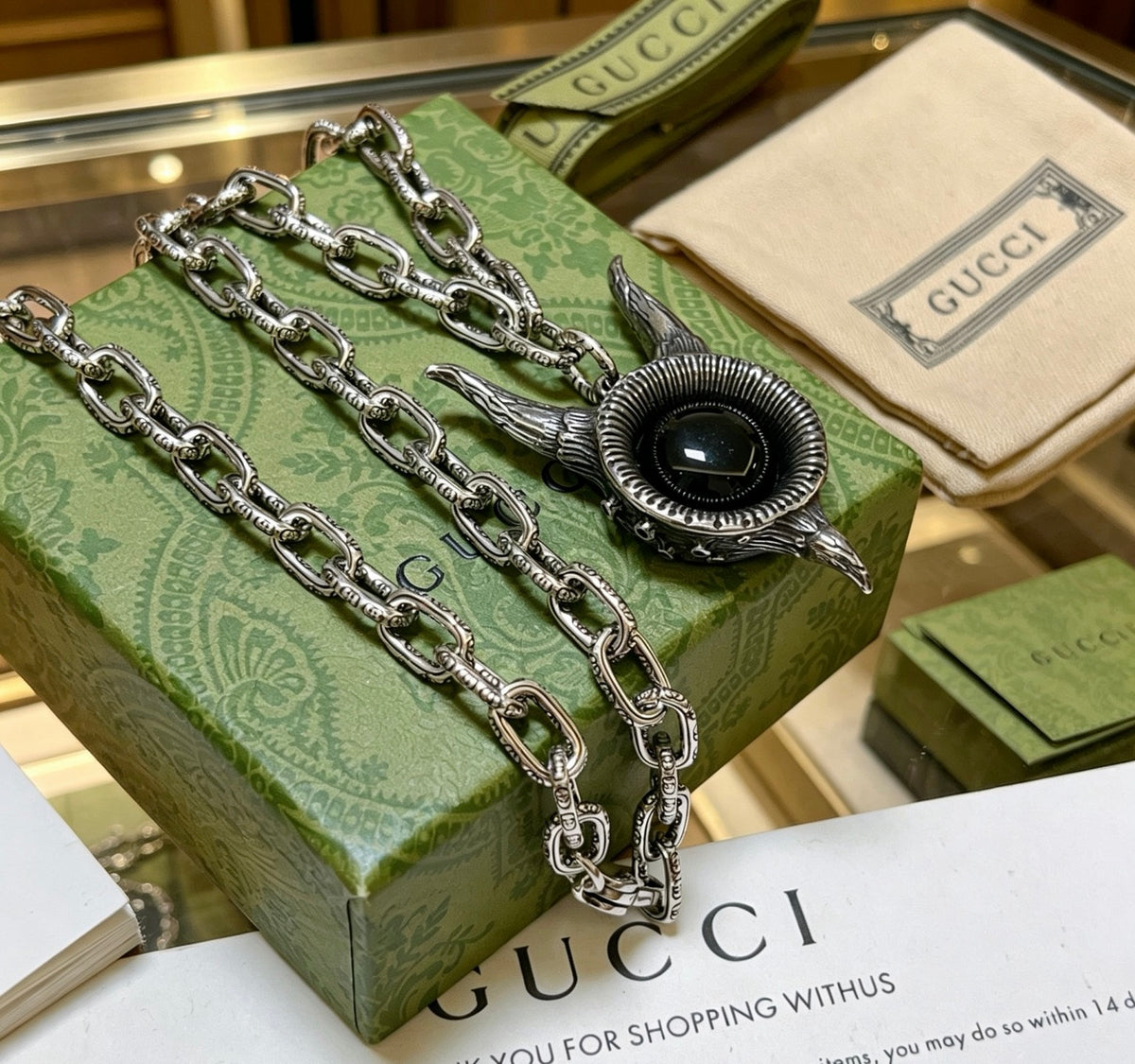 Double-G Emblem Pendant Necklace in Silver-Tone – Vintage Detail – Design 046 side detail