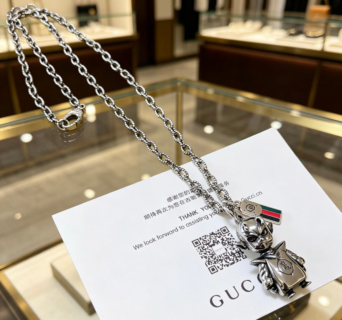 Double-G Emblem Pendant Necklace in Polished Metal-Tone – Vintage Detail – Design 077 front product view