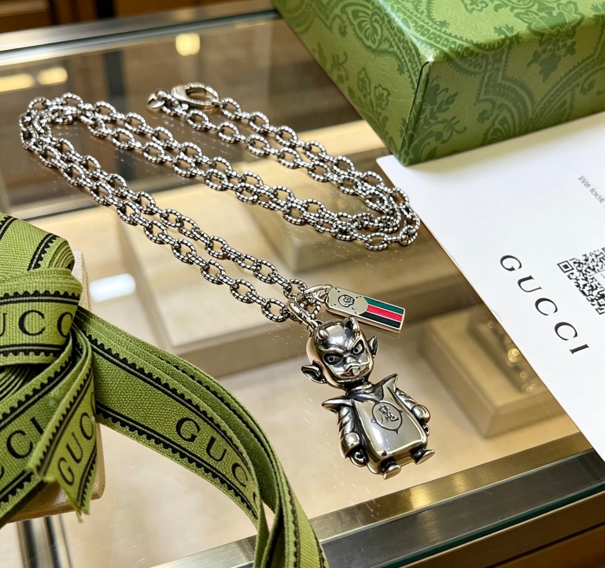 Double-G Emblem Pendant Necklace in Polished Metal-Tone – Vintage Detail – Design 077 front product view