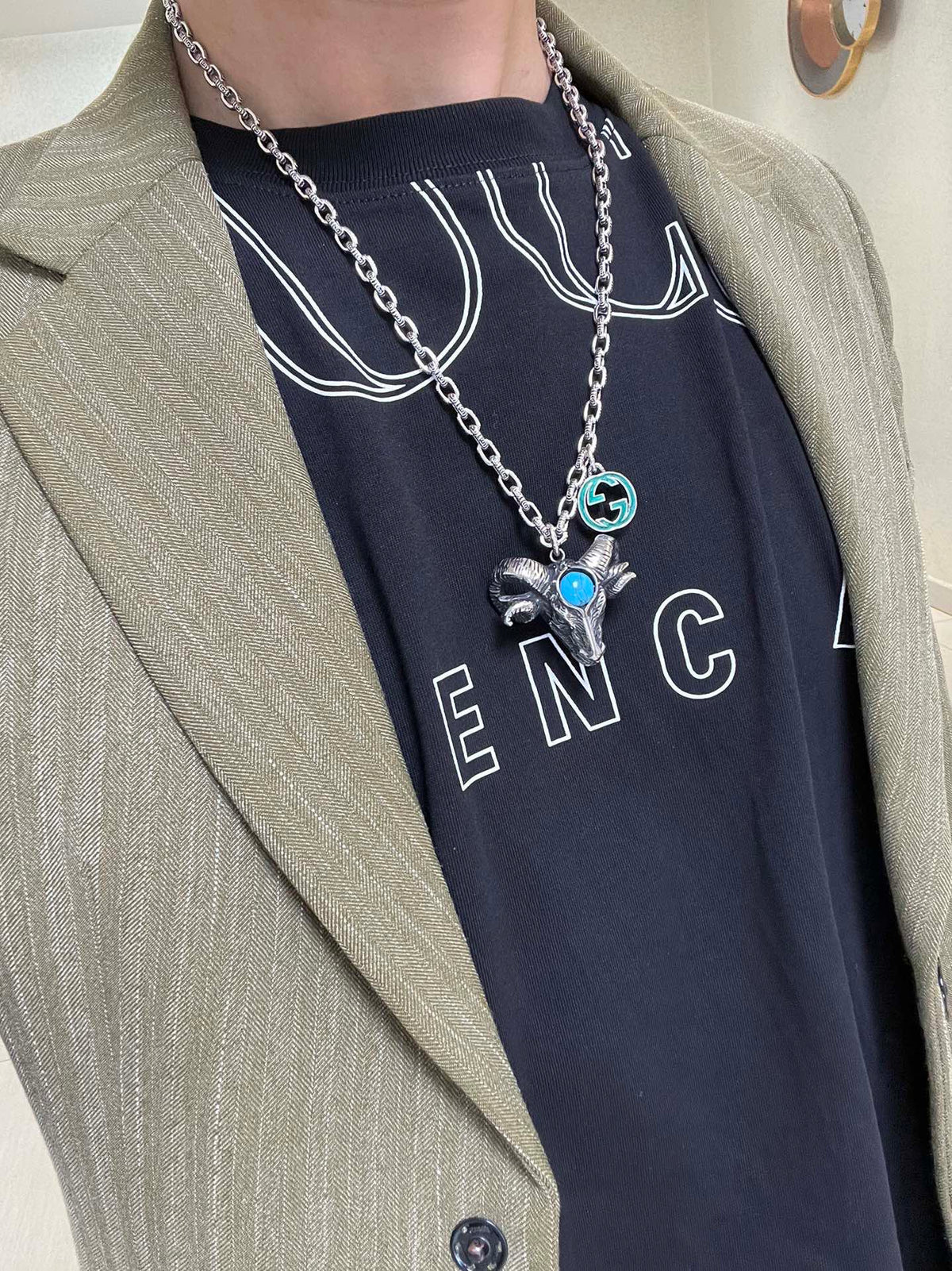 Double-G Emblem Pendant Necklace in Polished Metal-Tone – Design 168 styled product view