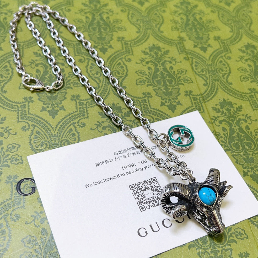 Double-G Emblem Pendant Necklace in Polished Metal-Tone – Design 168 front product view