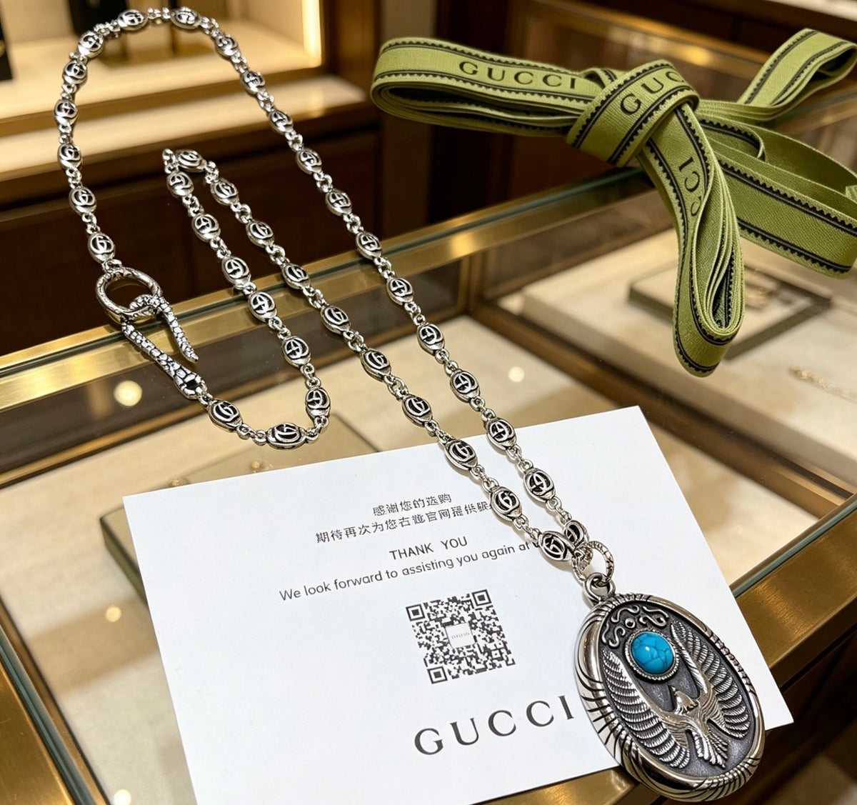 Double-G Emblem Pendant Necklace in Polished Metal-Tone – Design 167 styled product view