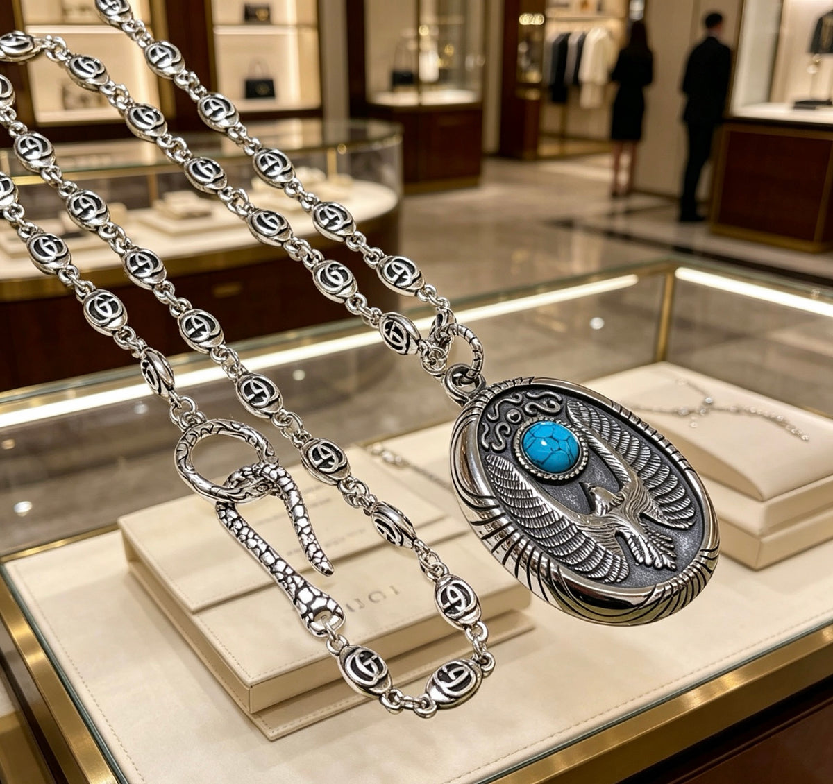 Double-G Emblem Pendant Necklace in Polished Metal-Tone – Design 167 front product view