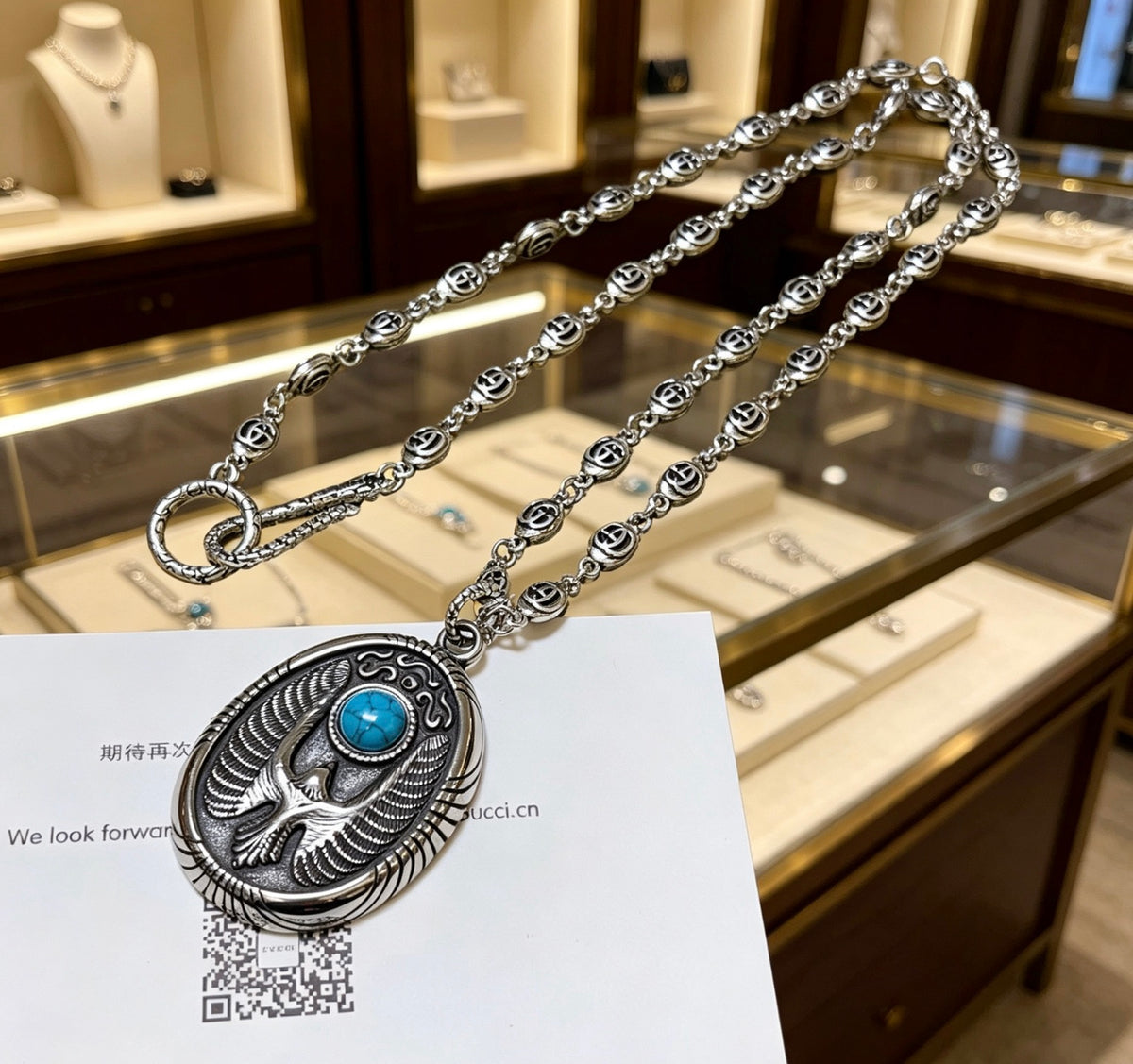 Double-G Emblem Pendant Necklace in Polished Metal-Tone – Design 167 detail view
