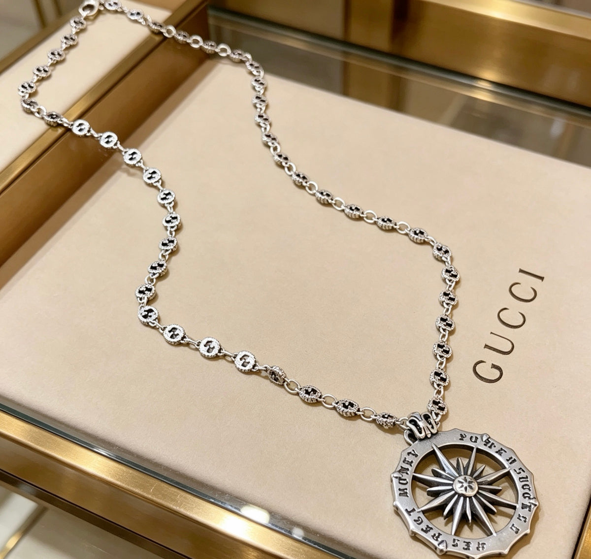 Double-G Emblem Pendant Necklace in Polished Metal-Tone – Design 166 main product view