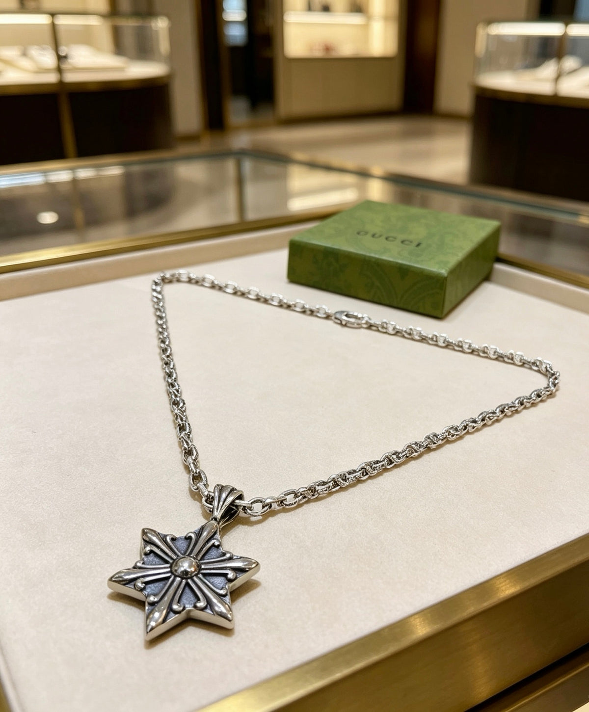 Double-G Emblem Pendant Necklace in Polished Metal-Tone – Design 249 front product view