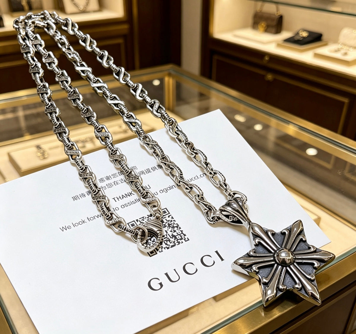 Double-G Emblem Pendant Necklace in Polished Metal-Tone – Design 165 front product view