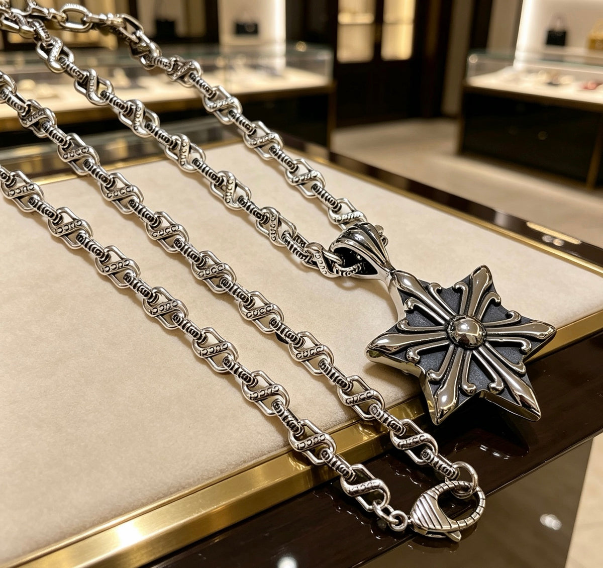 Double-G Emblem Pendant Necklace in Polished Metal-Tone – Design 165 close-up detail