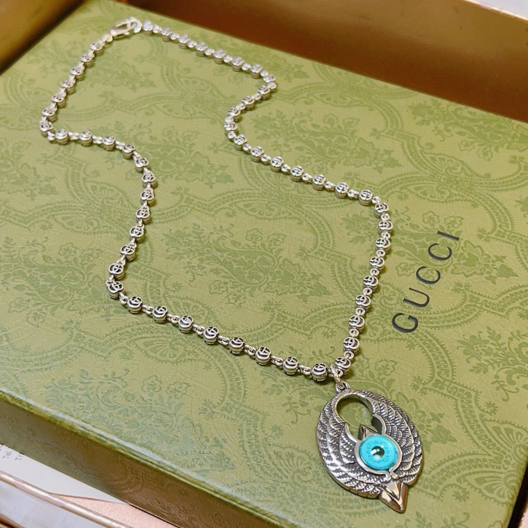Double-G Emblem Pendant Necklace in Silver-Tone – Vintage Detail – Design 045 front product view