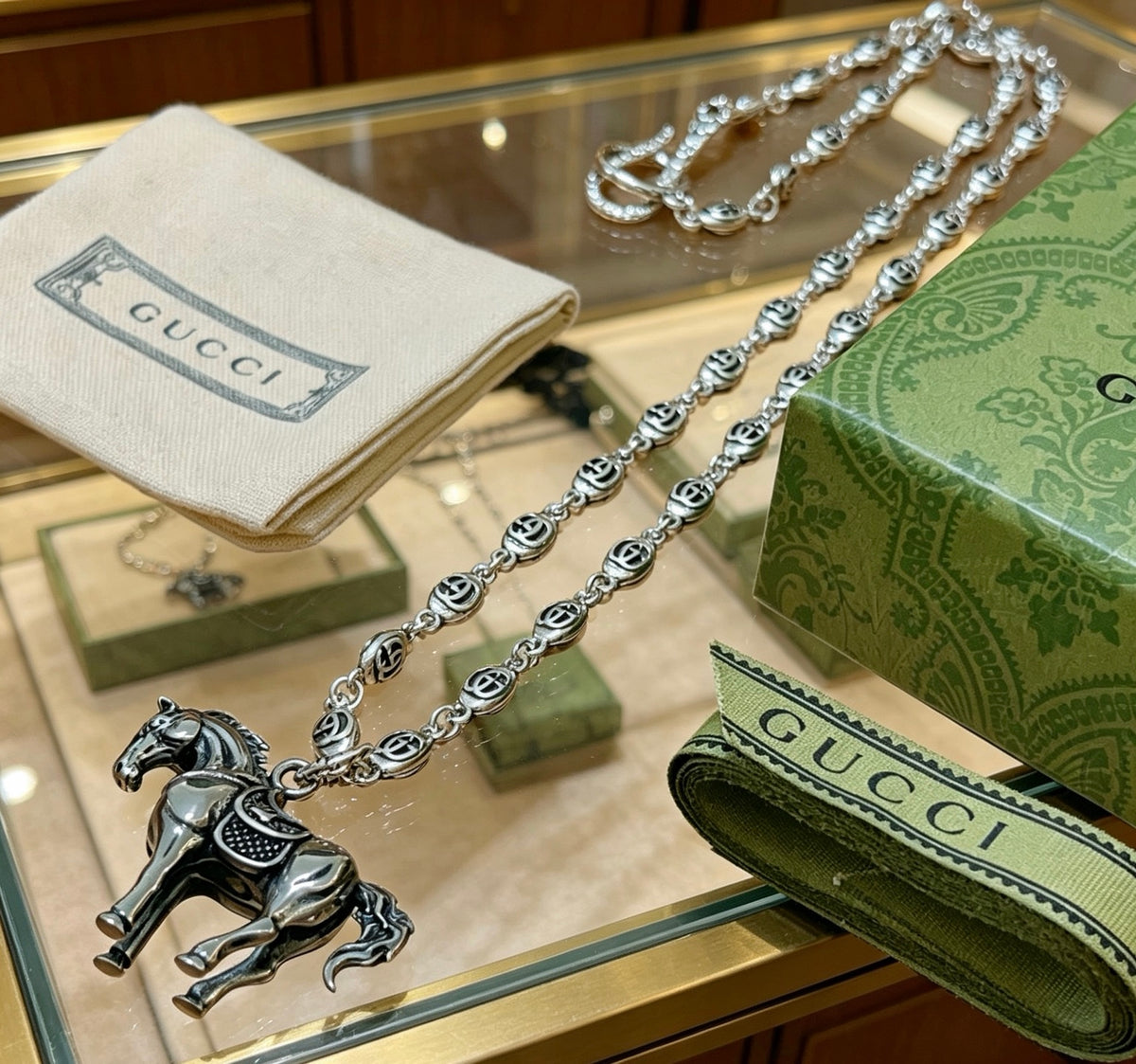 Double-G Emblem Pendant Necklace in Polished Metal-Tone – Design 224 front product view