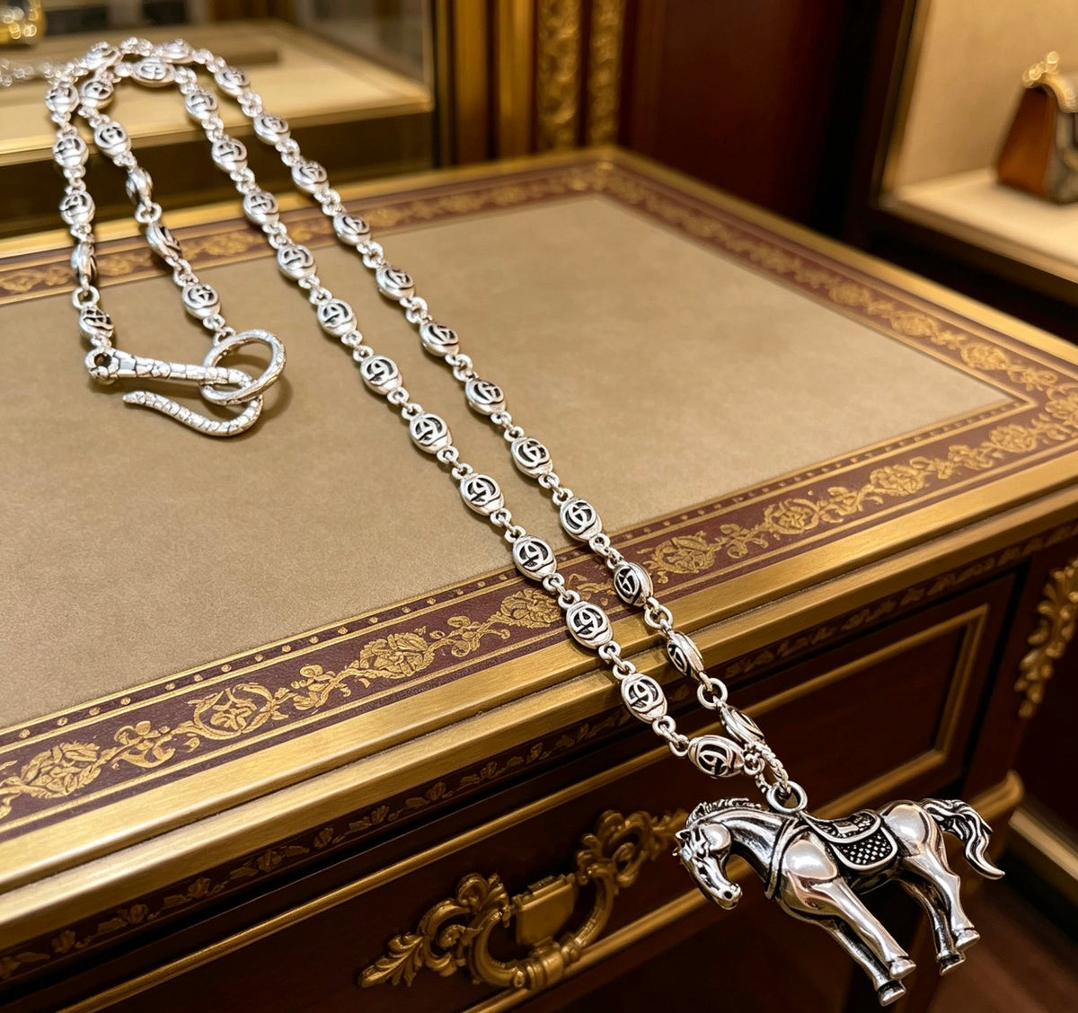 Double-G Emblem Pendant Necklace in Polished Metal-Tone – Design 224 main product view