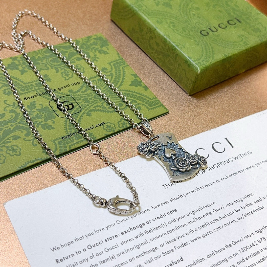 Double-G Emblem Pendant Necklace in Polished Metal-Tone – Vintage Detail – Design 046 front product view