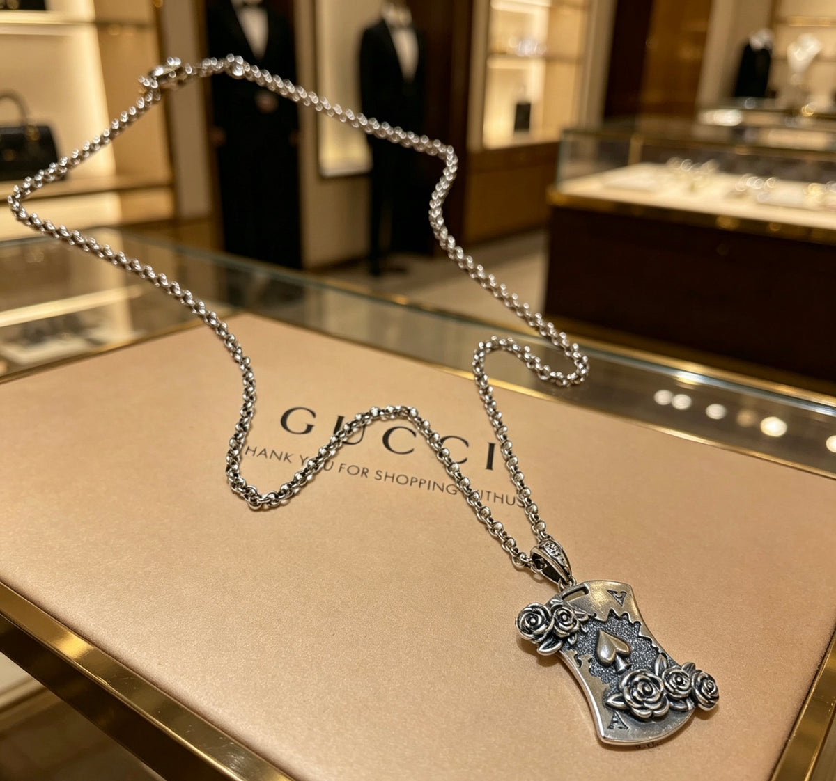 Double-G Emblem Pendant Necklace in Polished Metal-Tone – Vintage Detail – Design 046 front product view