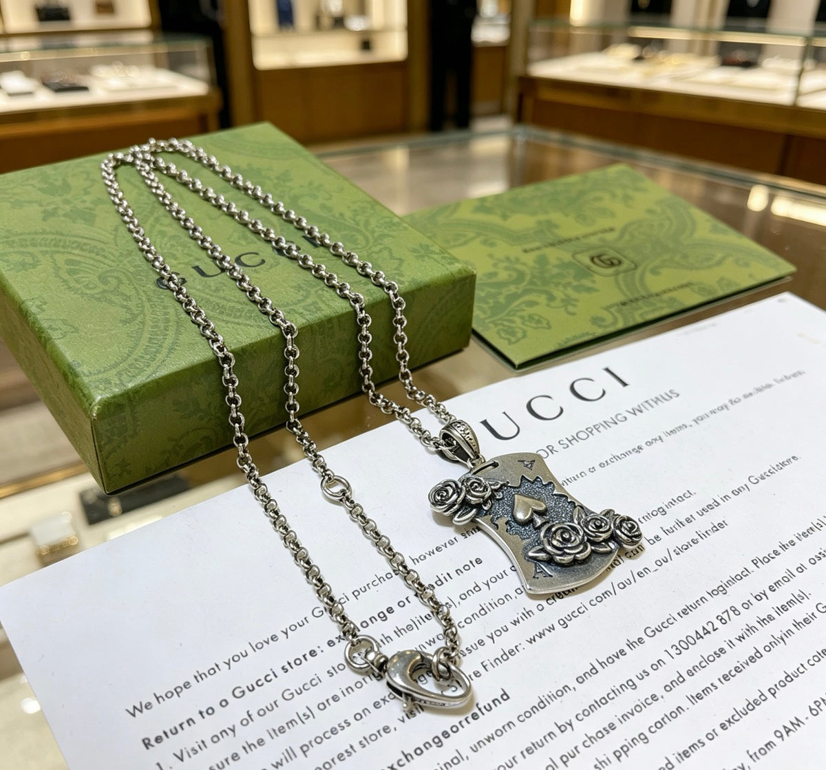 Double-G Emblem Pendant Necklace in Polished Metal-Tone – Vintage Detail – Design 046 side detail