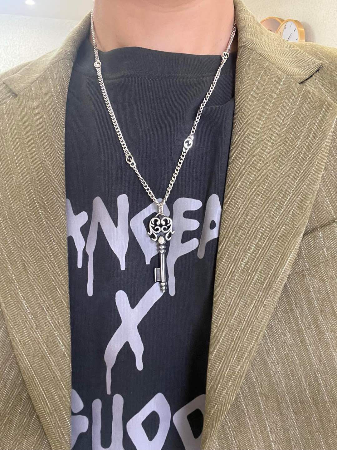 Double-G Emblem Pendant Necklace in Polished Metal-Tone – Vintage Detail – Design 045 styled product view