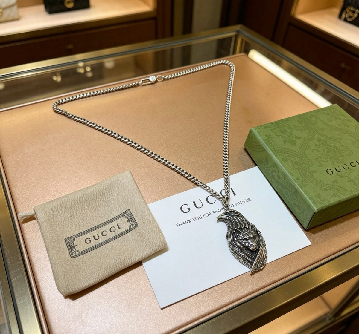 Double-G Emblem Pendant Necklace in Polished Metal-Tone – Design 212 side detail