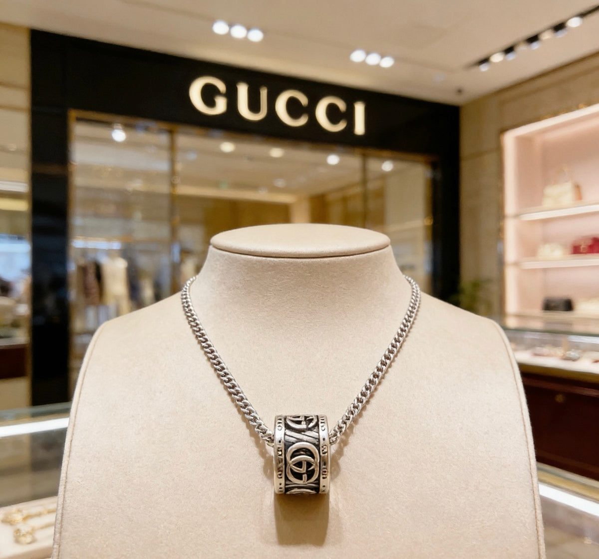 Double-G Emblem Pendant Necklace in Polished Metal-Tone – Design 159 front product view