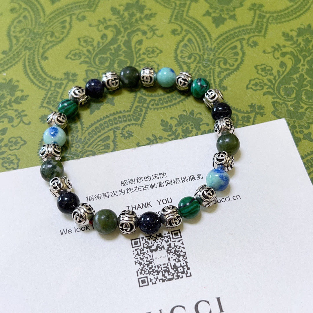 Double-G Emblem Beaded Bracelet in Polished Metal-Tone – Agate Detail – Design 017 front product view