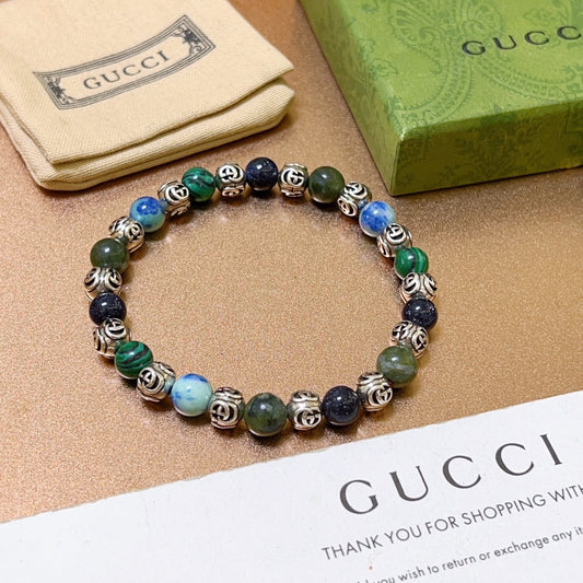 Double-G Emblem Beaded Bracelet in Polished Metal-Tone – Agate Detail – Design 026 main product view
