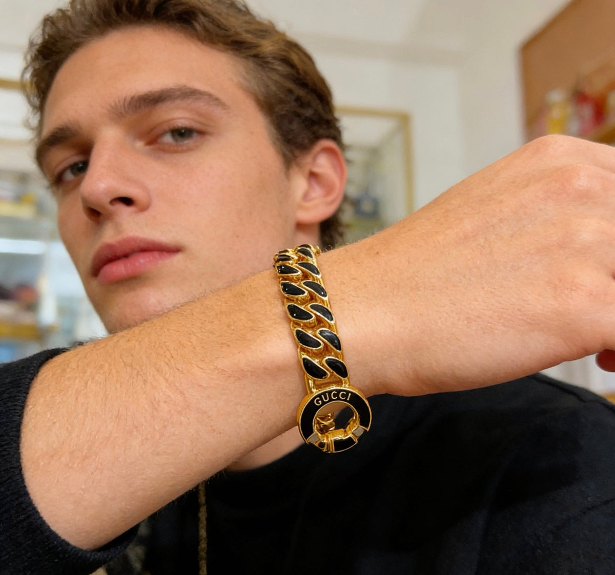 Geometric Emblem Bracelet in Polished Metal-Tone – Design 083 detail view