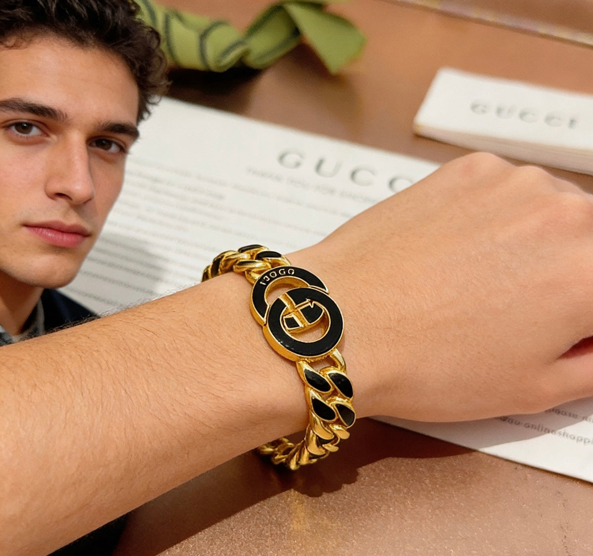 Geometric Emblem Bracelet in Polished Metal-Tone – Design 083 styled product view