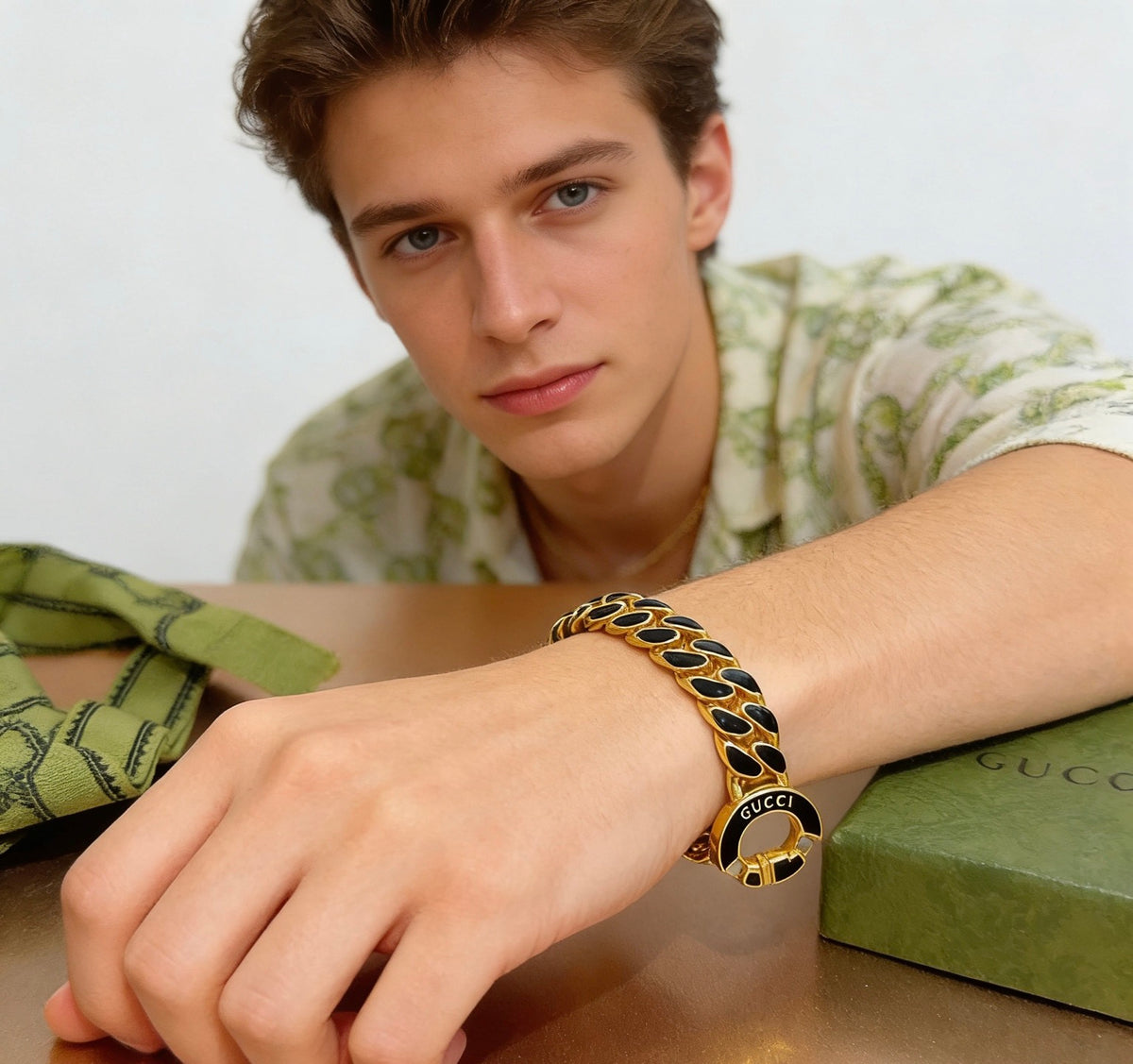 Geometric Emblem Bracelet in Polished Metal-Tone – Design 083 side detail
