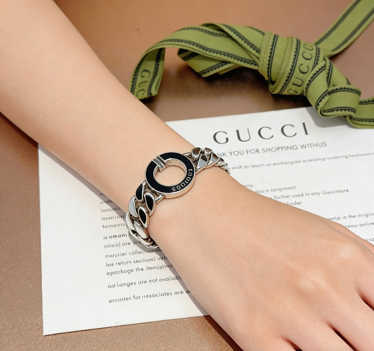 Geometric Emblem Bracelet in Polished Metal-Tone – Design 082 detail view