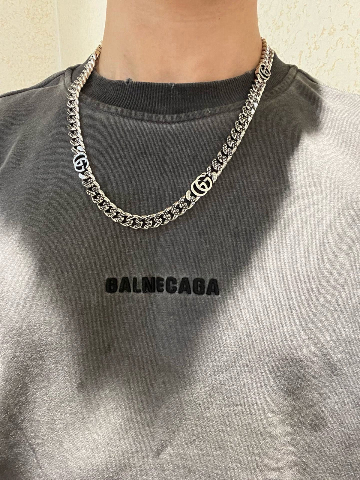 Double-G Emblem Pendant Necklace in Polished Metal-Tone – Vintage Detail – Design 061 styled product view