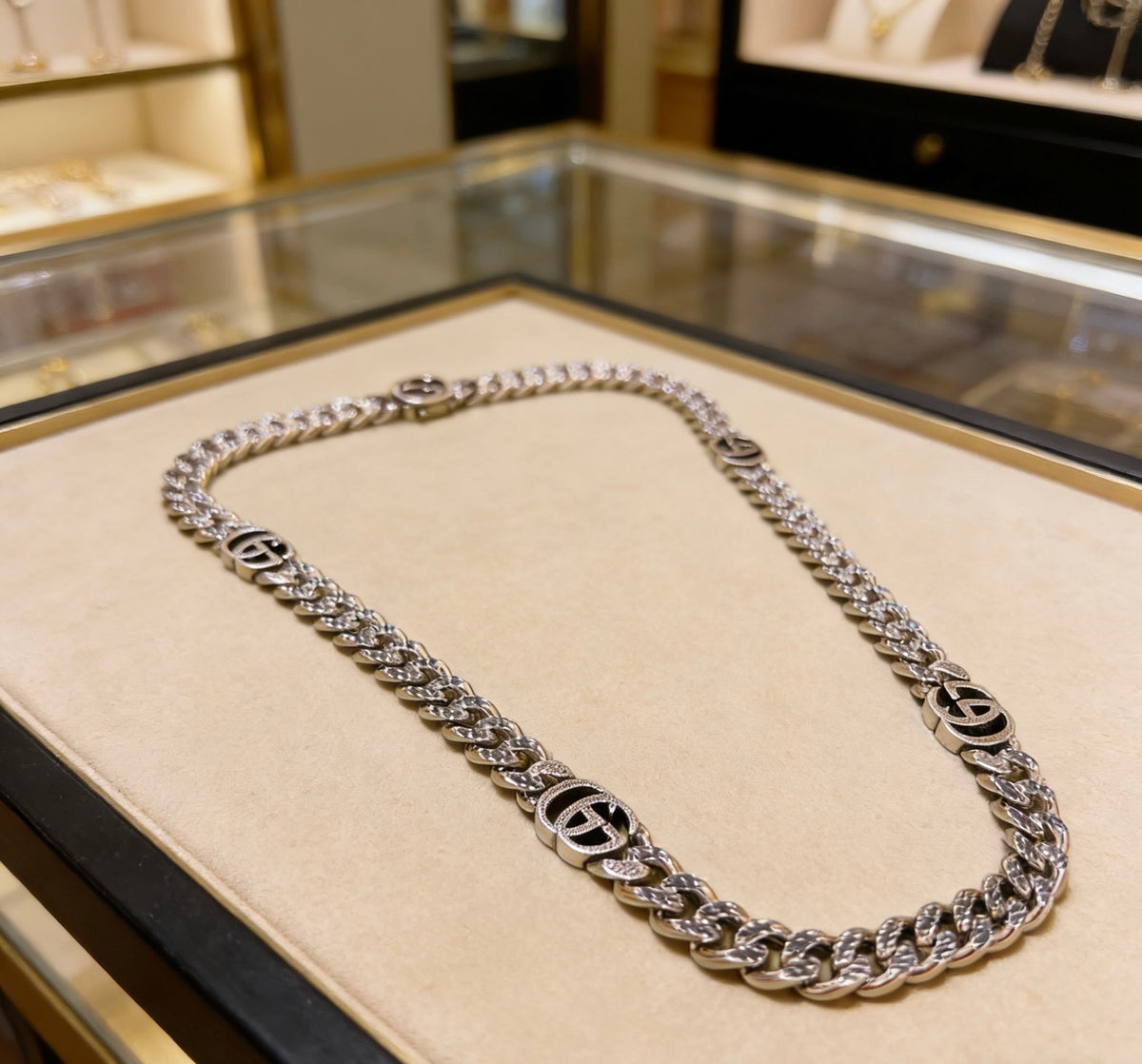 Double-G Emblem Pendant Necklace in Polished Metal-Tone – Vintage Detail – Design 044 front product view