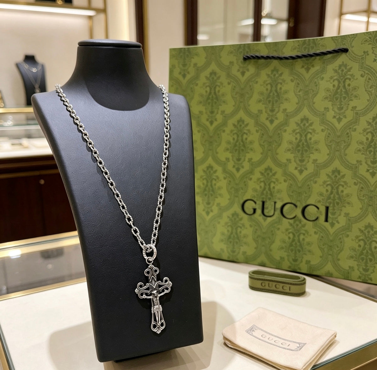 Double-G Emblem Pendant Necklace in Polished Metal-Tone – Design 157 front product view