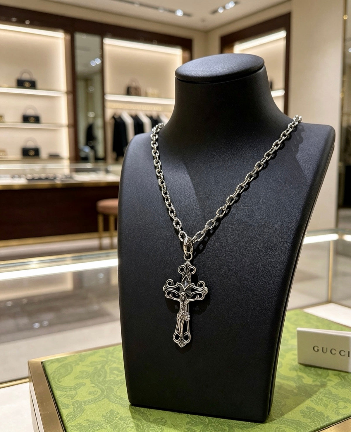 Double-G Emblem Pendant Necklace in Polished Metal-Tone – Design 208 side detail