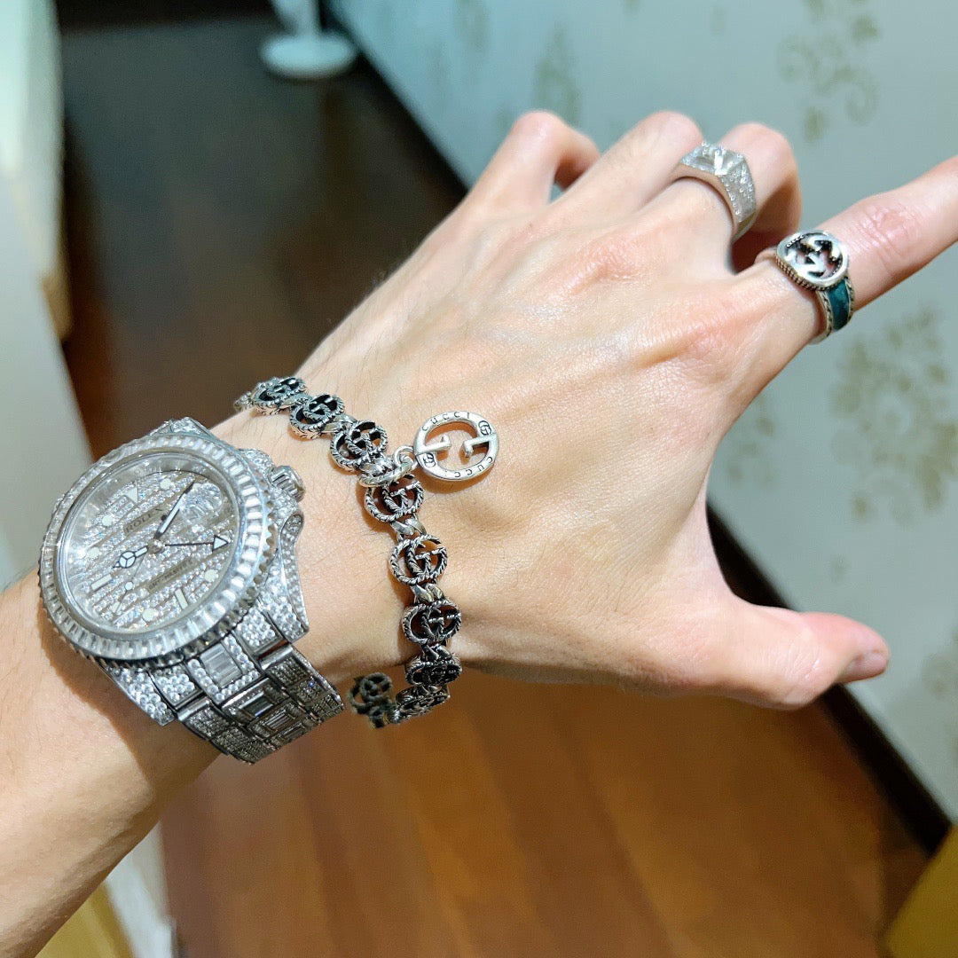 Geometric Emblem Bracelet in Polished Metal-Tone – Design 081 detail view