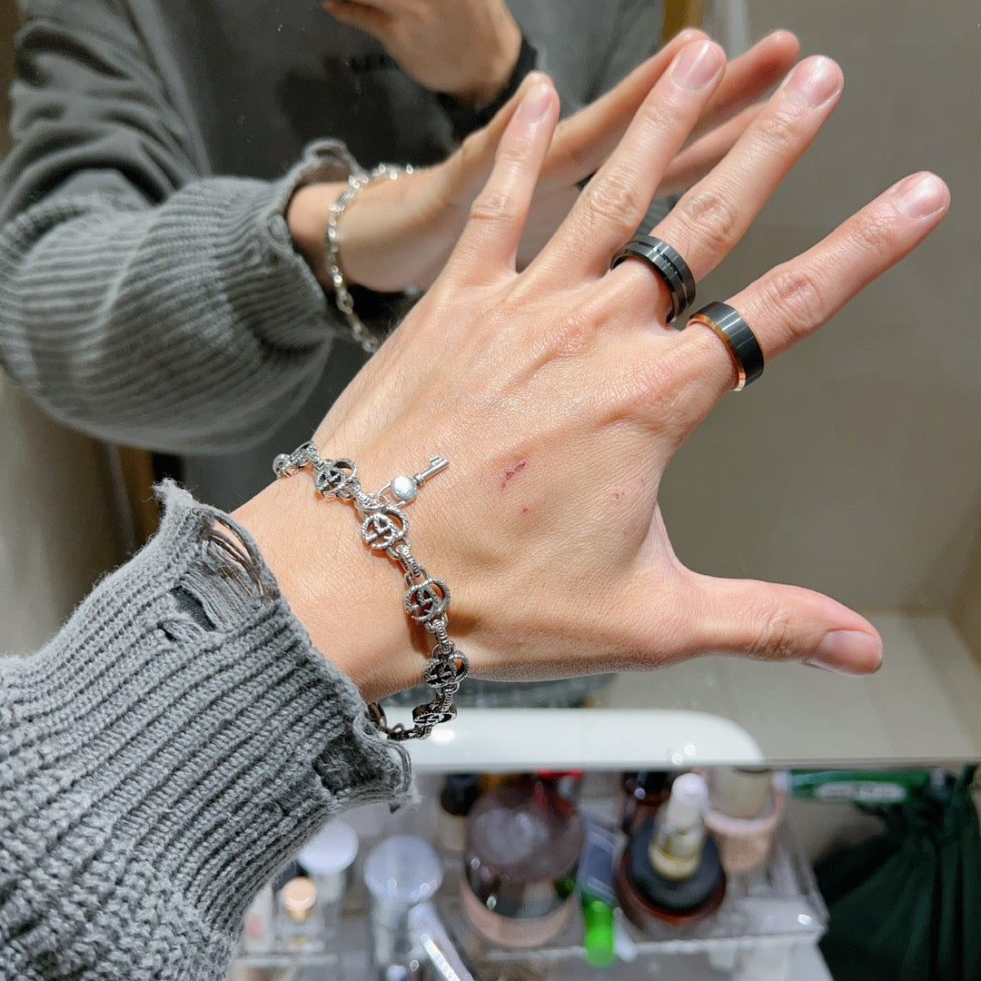 Geometric Emblem Bracelet in Polished Metal-Tone – Design 106 detail view